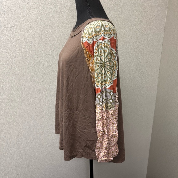 Easel Boho Patchwork Top L Brown Floral Sleeve Mixed Print Casual Chic - Picture 4 of 10